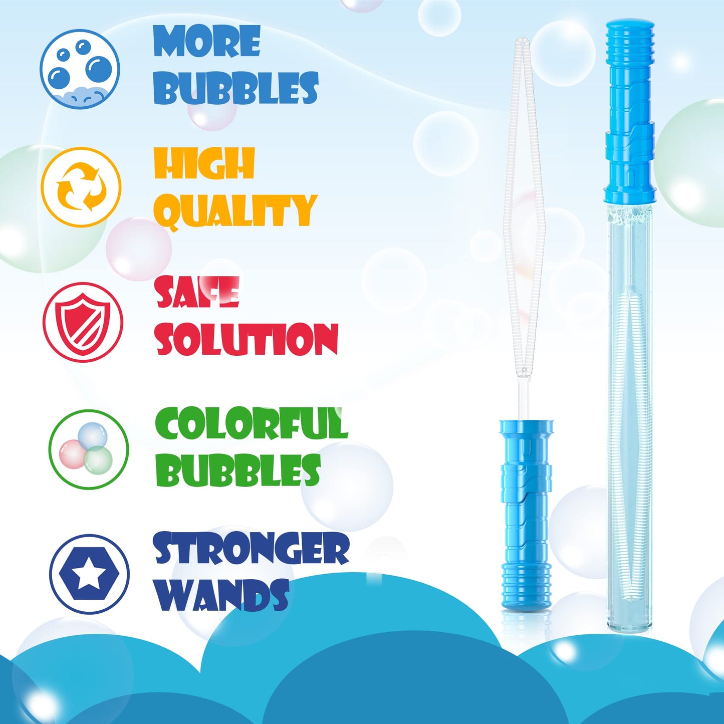Inscraft 48 Pack 14’’ Big Bubble Wands, 8 Colors Bulk for Summer Toy, Outdoor/Indoor Activity Use, Easter, Birthday, Graduation, Shower, Bubbles Party