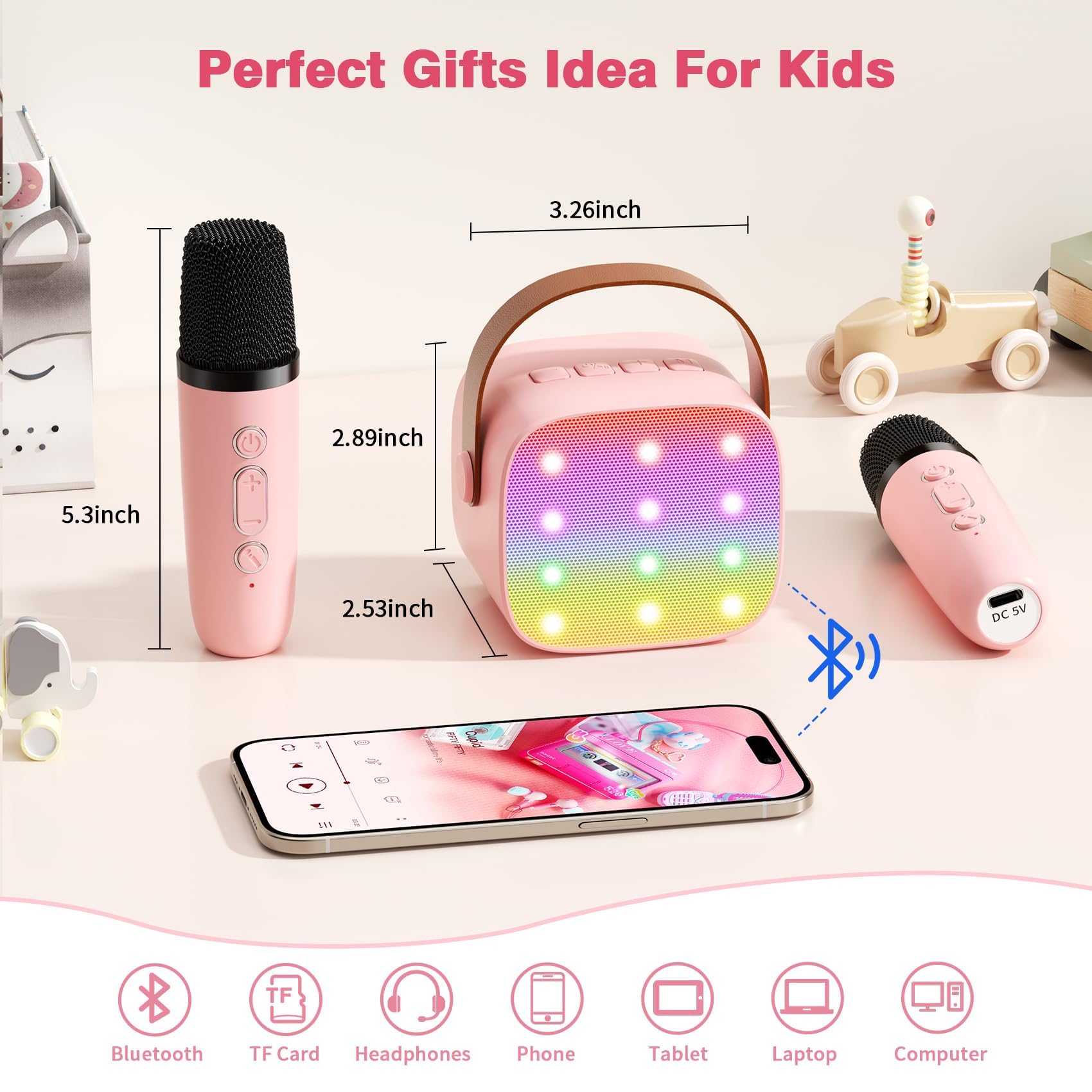 Mini Karaoke Machine with 2 Wireless Microphones, 2026 TOP Kids Portable Bluetooth Karaoke Machine for 3, 4, 5, 6, 7, 8, 9,10,11,12+Year Old