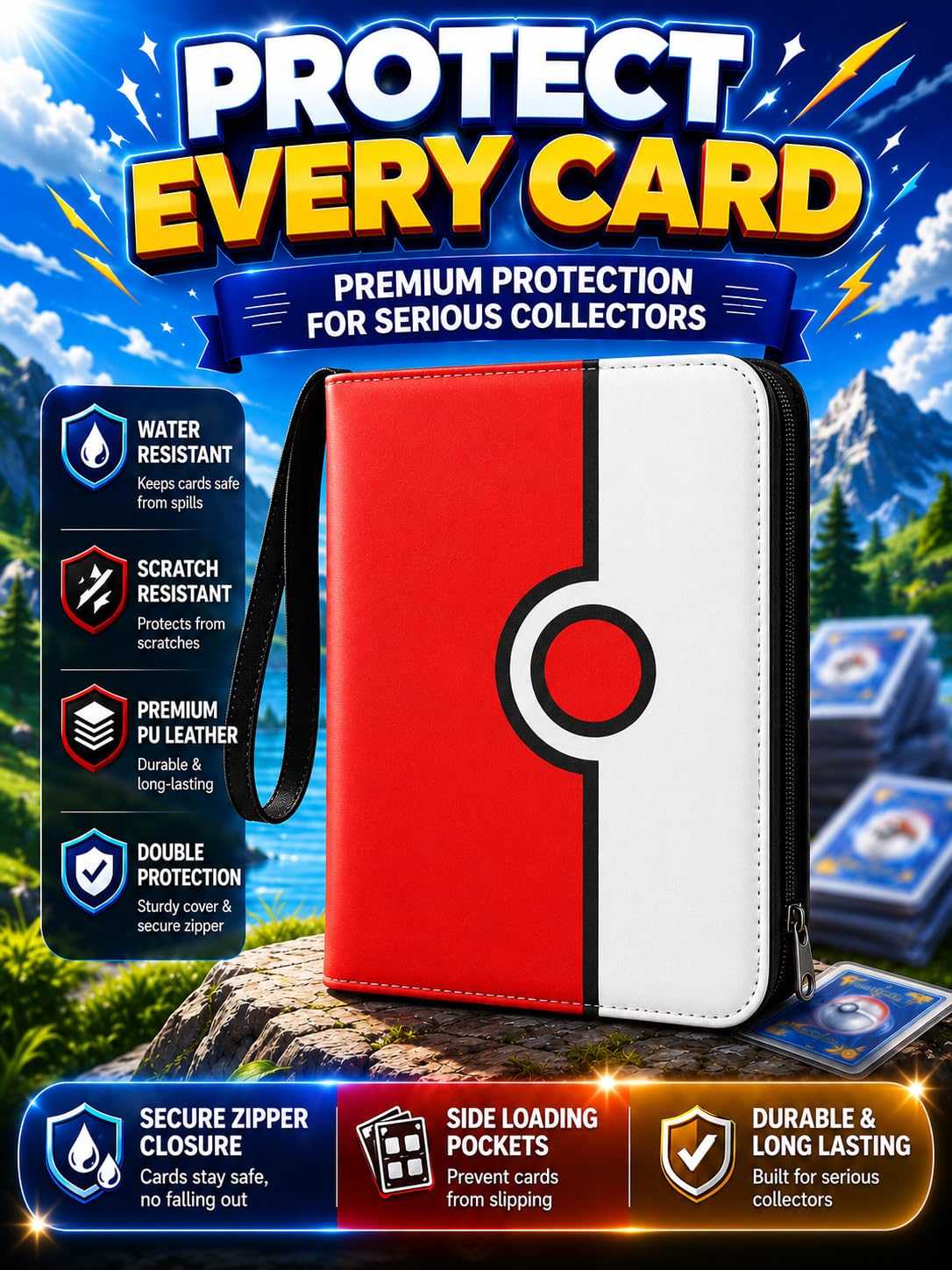 Collectible Trading Card Binder, 400 Pockets Card Holder with 50 Removable Sleeves, Portable Collection Binder Album Book Case Storage, Zipper Card