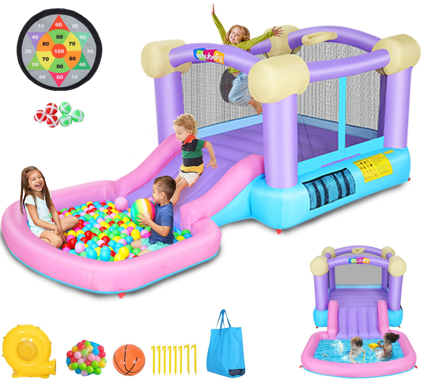 Whubefy Inflatable Pink Bounce House for Kids 2-8 with Slide, Ball Pit & 50 Ocean Balls, 161x82x63'' Jumping Castle w/Blower, Basketball Hoop