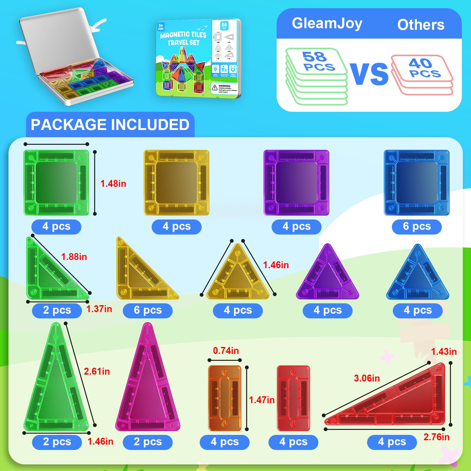 GleamJoy Mini Magnetic Tiles, 58PCS Travel Magnetic Tiles with Iron Box, STEM Educational Construction Toys for Kids Ages 3+, Portable Building Toys