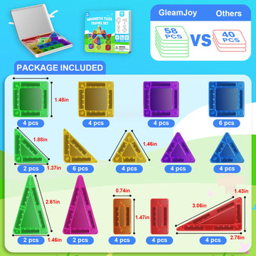 GleamJoy Mini Magnetic Tiles, 58PCS Travel Magnetic Tiles with Iron Box, STEM Educational Construction Toys for Kids Ages 3+, Portable Building Toys
