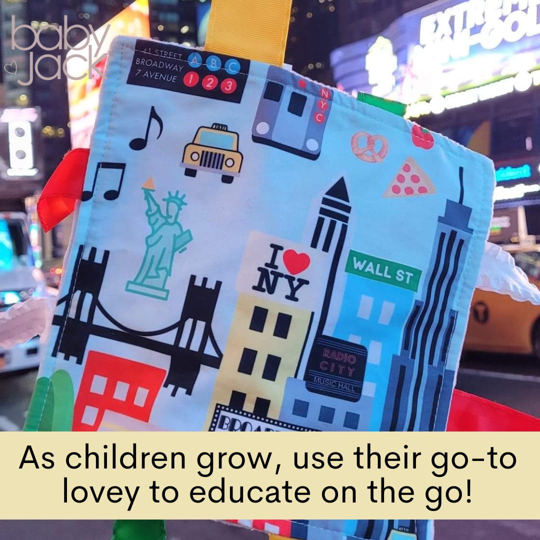 Baby Jack & Co 8x8” Learning Lovey NYC New York Tag Toys for Babies - Baby Crinkle Toys - Soft & Safe - Learn USA Cities and Shapes - Ideal Baby Toy
