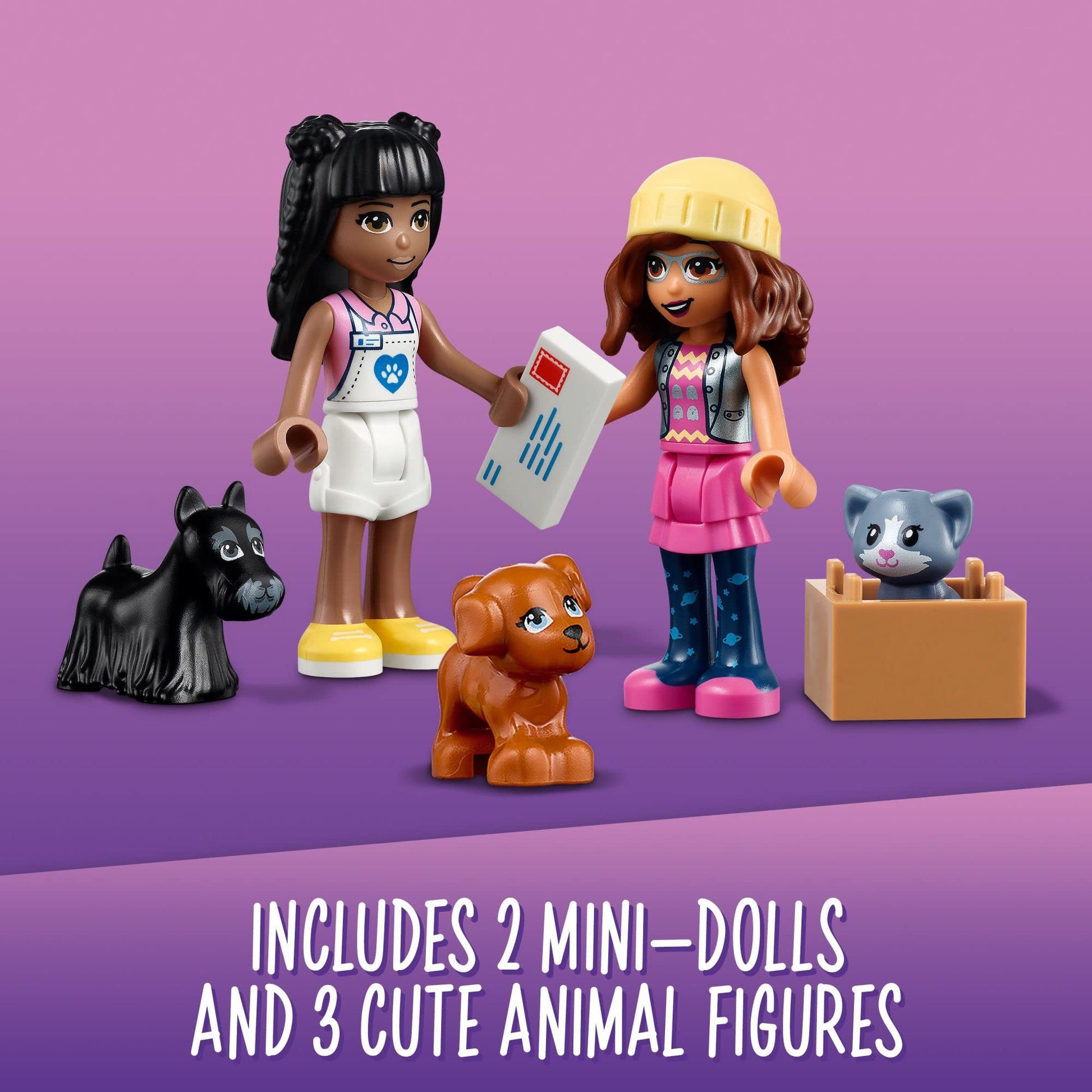 LEGO Friends Pet Adoption Café 41699 Building Toy - Collectible Animal Rescue Set with Olivia & Priyanka Mini-Dolls, Cat & Dog Figures, Creative Toys