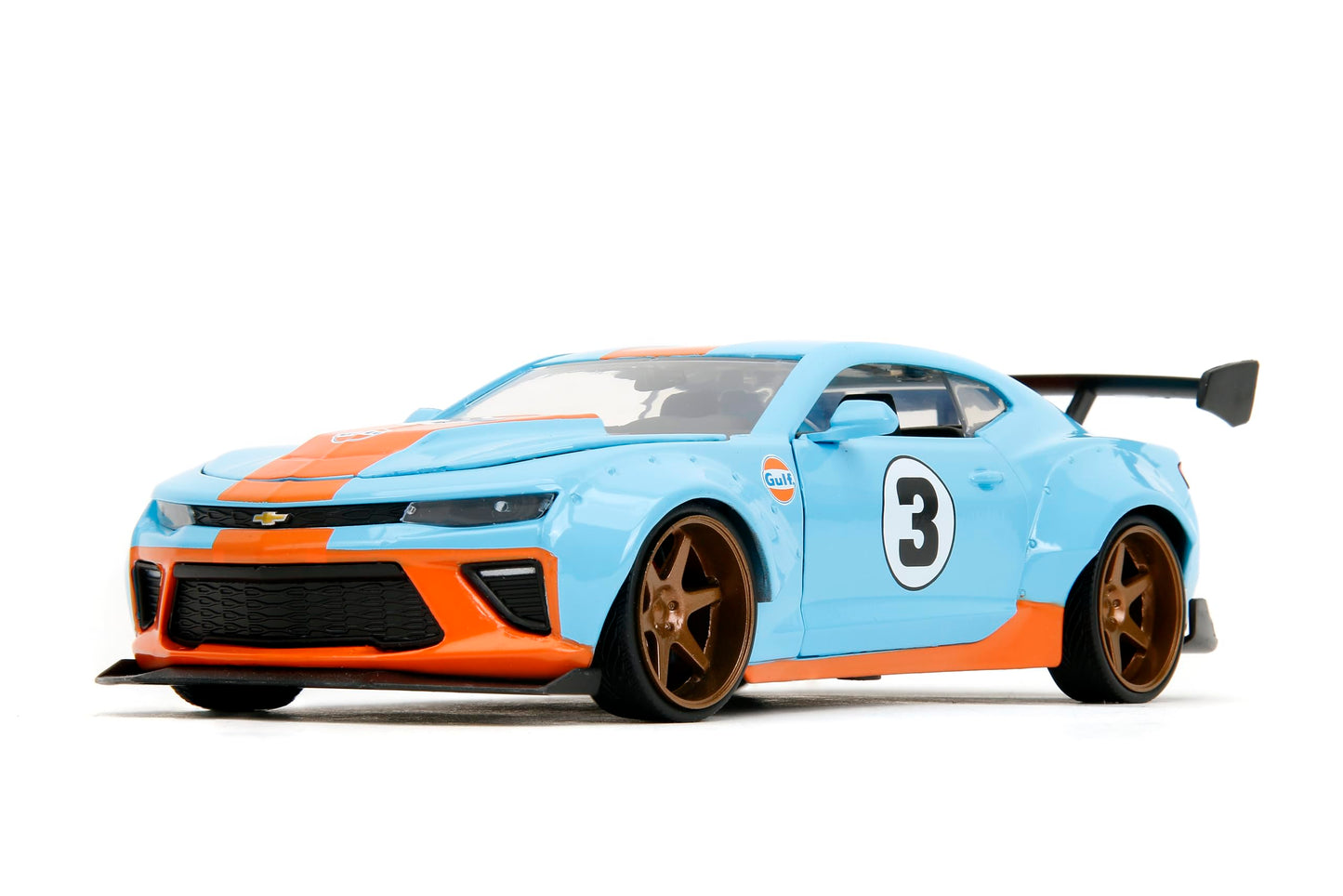 Jada Toys Big Time Muscle 1:24 2016 Chevy Camaro SS Widebody Gulf Die-Cast Car, Toys for Kids and Adults(Blue/Orange)