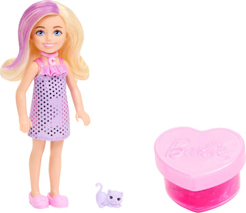 Barbie Party Unboxed Chelsea Doll Set, Glam Party Series with 6 Surprises Including Pet & Color Change (Styles May Vary)