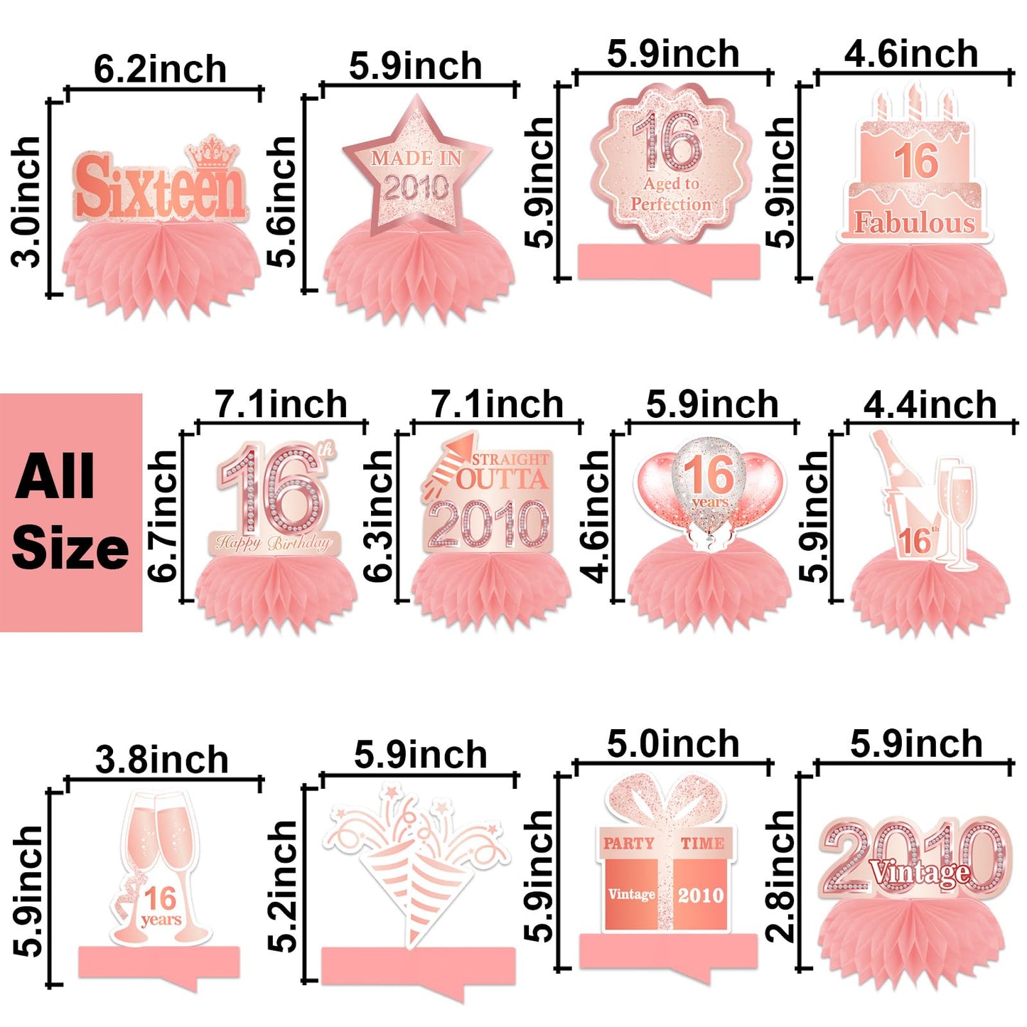 Happy 16th Birthday Rose Gold Table Honeycomb Centerpieces Balloons Theme Decor Table Decorations Table Toppers for Girls Women Sweet Princess 16