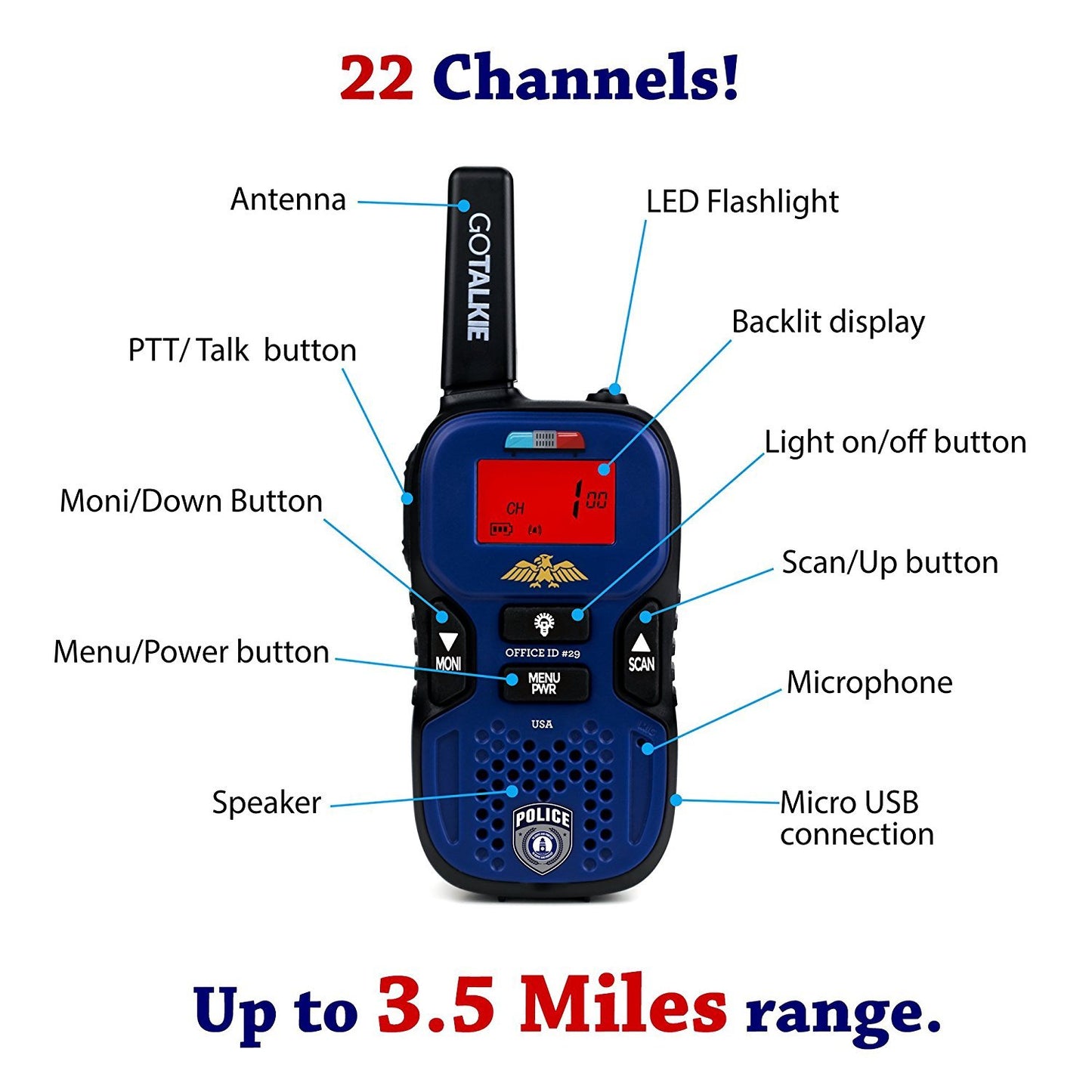 Walkie Talkies for Kids - Set of 2 Long-Range 22 Channel Portable Radios w/Built-in Flashlight, LCD Screen & 8 Interchangeable Theme Plates - Play