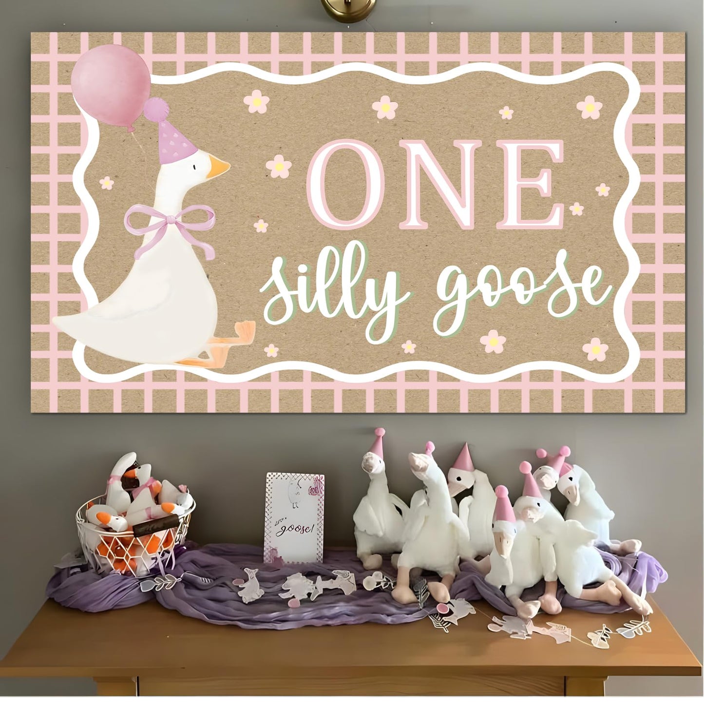 Goose Pink Banner for One Silly Goose Birthday Decor Girl Pink Silly Goose First Birthday Backdrop for Girls First Birthday