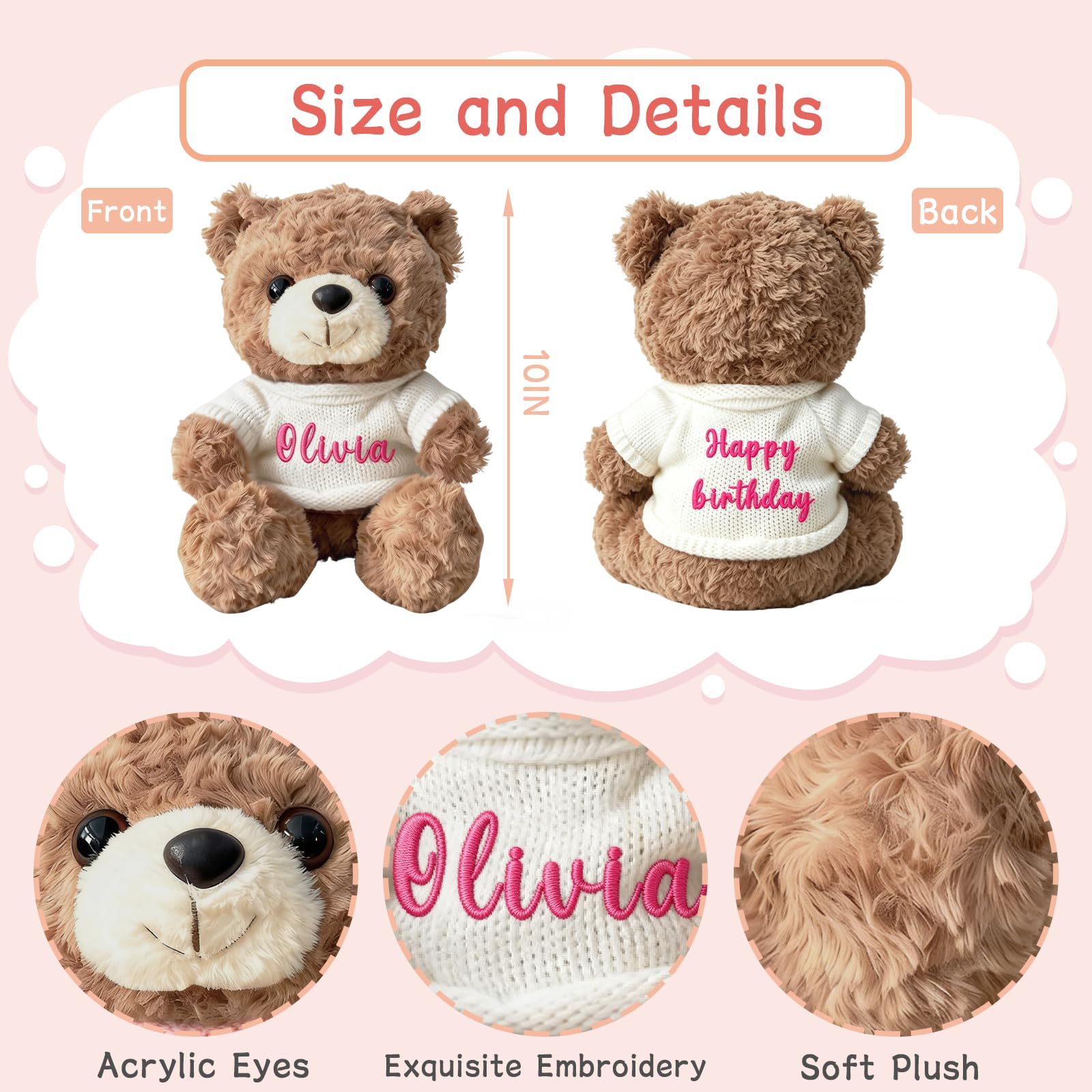 aoemgnj Personalized Teddy Bear with Embroidered Name, 10/12/16 Inch Custom Plush Stuffed Animal, Soft Huggable Gift for Birthday, Christmas