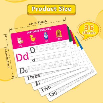 Dry Erase Alphabet & Number Practice Boards for Kids - A-Z Letters & Numbers 1-10, 18 Double-Sided Reusable Sheets (36 Pages), 11x8.5, Preschool