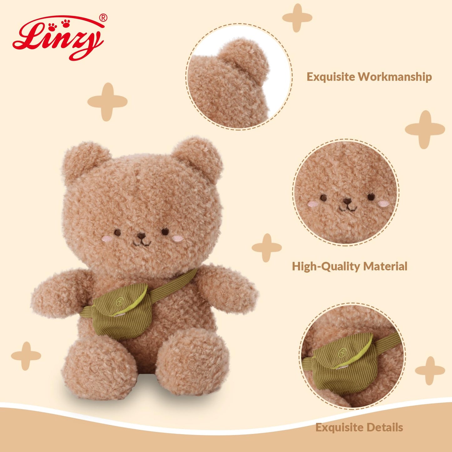 Linzy 10” Bear Stuffed Animal with Crossbody Bag, Soft Bear Plush Toy for First Day of School, Birthday, Christmas, Valentine’s Day & Holidays
