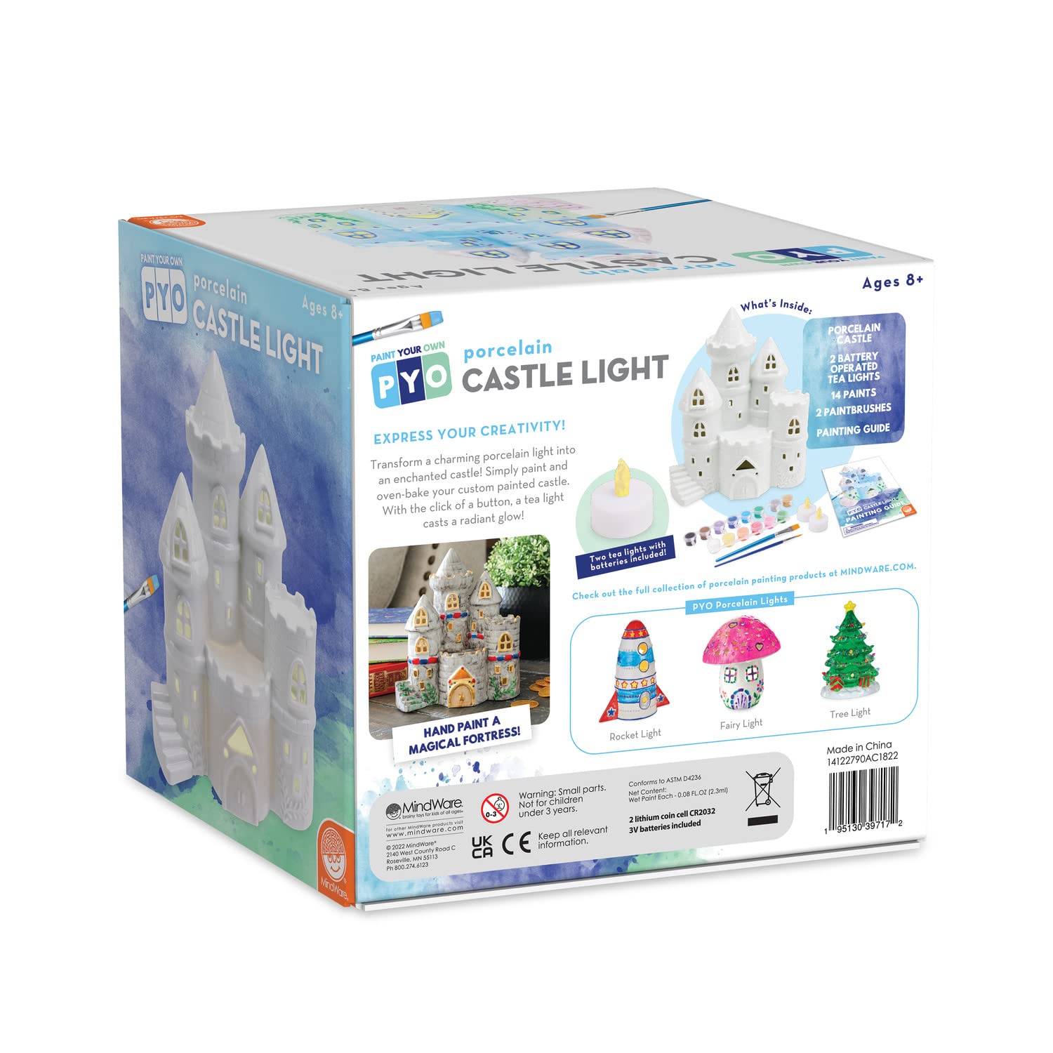 MindWare Paint Your Own Porcelain: Castle Light with 2 Tea Lights, 14 Paints, 2 Brushes & Painting Guide - Creative Paintable Pottery Crafts & Gift