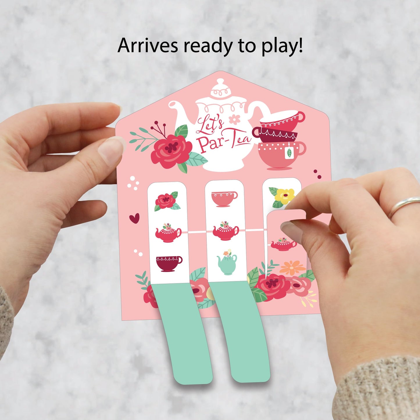 Big Dot of Happiness Floral Let's Par-Tea - Garden Tea Party Game Pickle Cards - Pull Tabs 3-in-a-Row - Set of 12