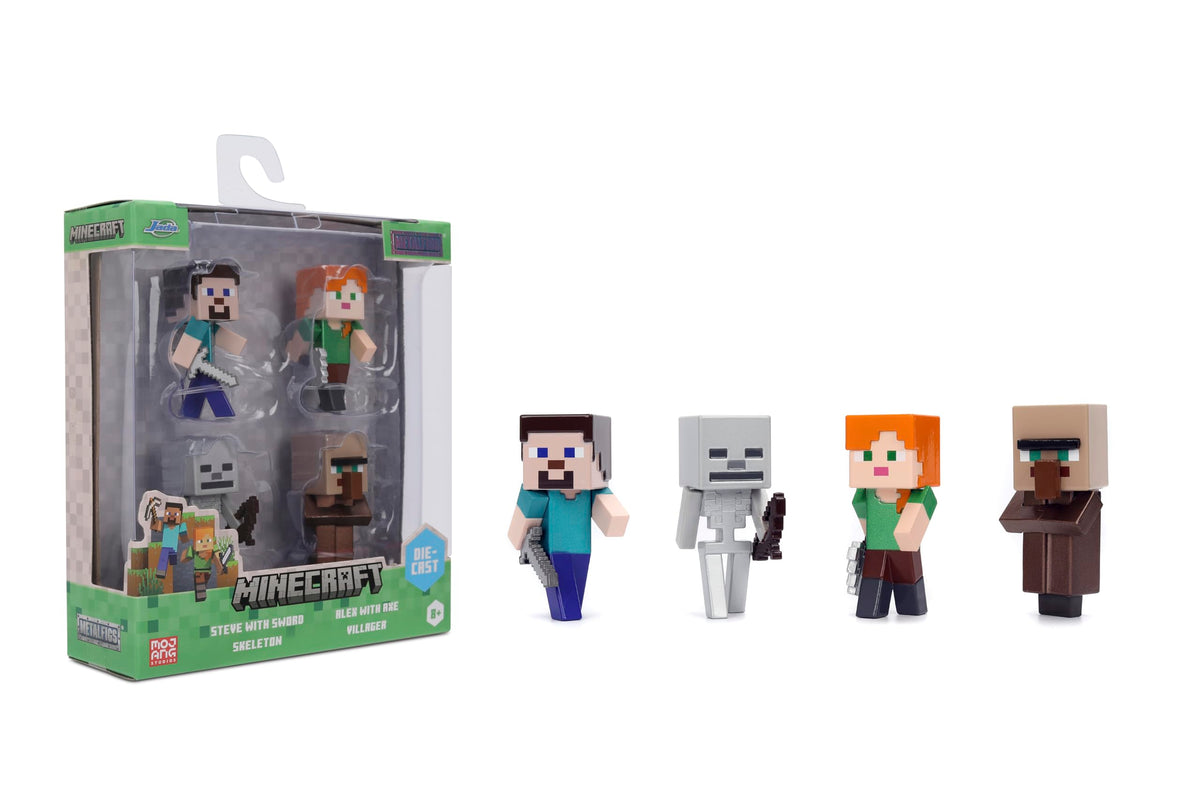 Jada Minecraft Metalfigs 4-Pack - 2.5” Die-Cast Collectible Figures Toys - Wave 4 Set Featuring Steve with Sword, Alex with Axe, Skeleton & Villager