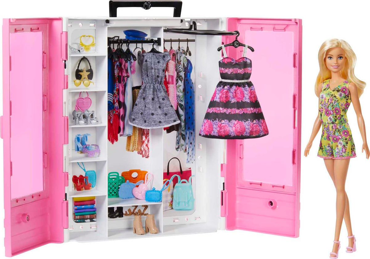 Barbie Fashionistas Doll & Ultimate Closet Playset with Clothes & 12 Accessories, Blonde Fashion Doll & Pink Closet Toy with Storage, Fold-Out Rack