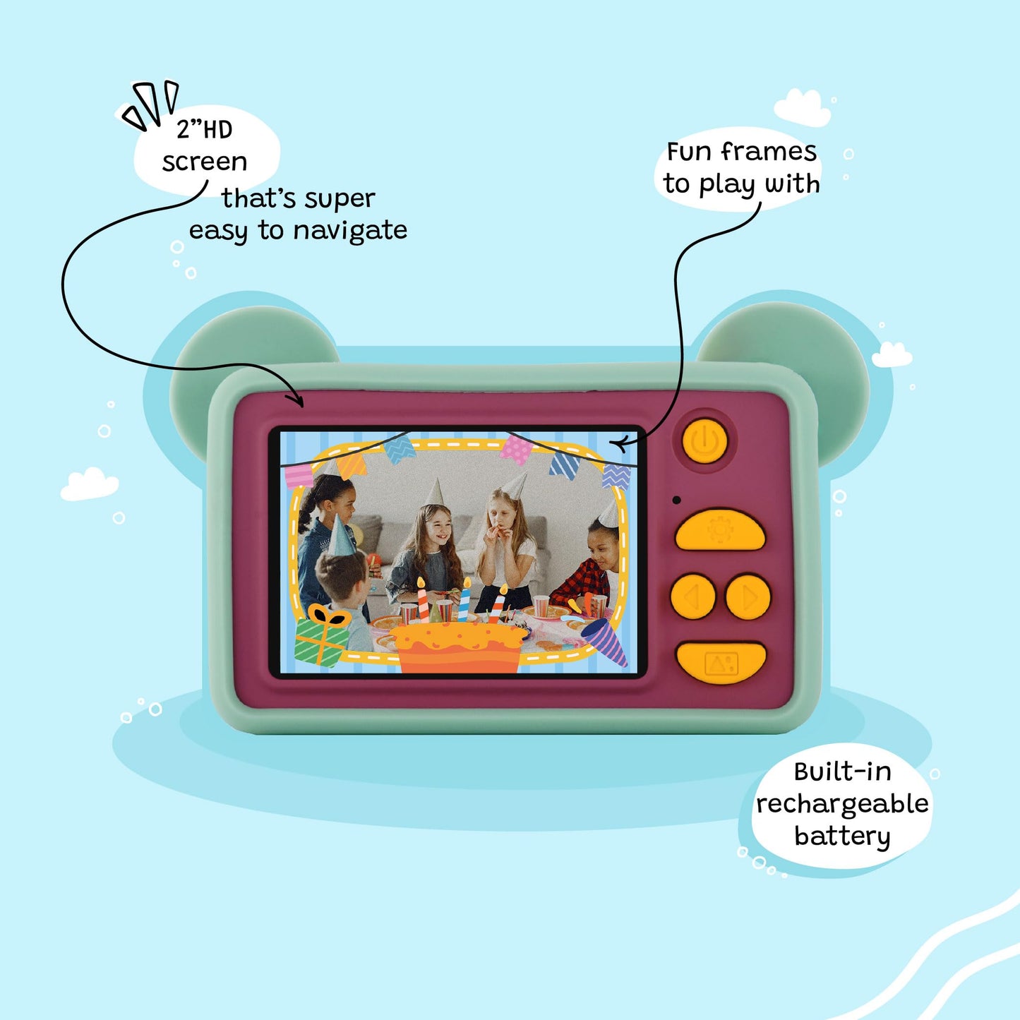 kiimento Kids Digital Camera & Video Camcorder, Soft BPA-Free Silicone Casing, 32GB Memory Card - Model C - Mikayo The Bear
