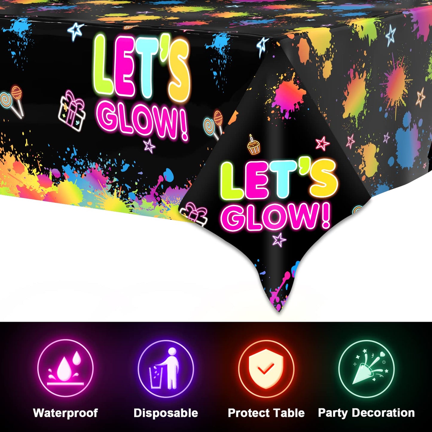 1 Pack Let's Glow Tablecloth- Neon Party Table Cover, Disposable Plastic Rectangle Glow in the Dark Tables Cloth for Neon Black Light Glow Party