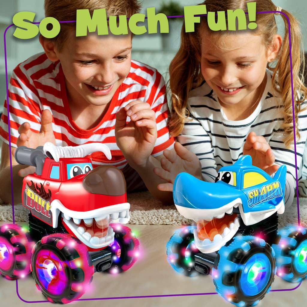 stargo 2 Pack Monster Truck Toy - Motion Activated Pull Back Light-Up Cars for Toddlers - Monster Shark & Bull with Lightning Wheels, Press & Go Cars