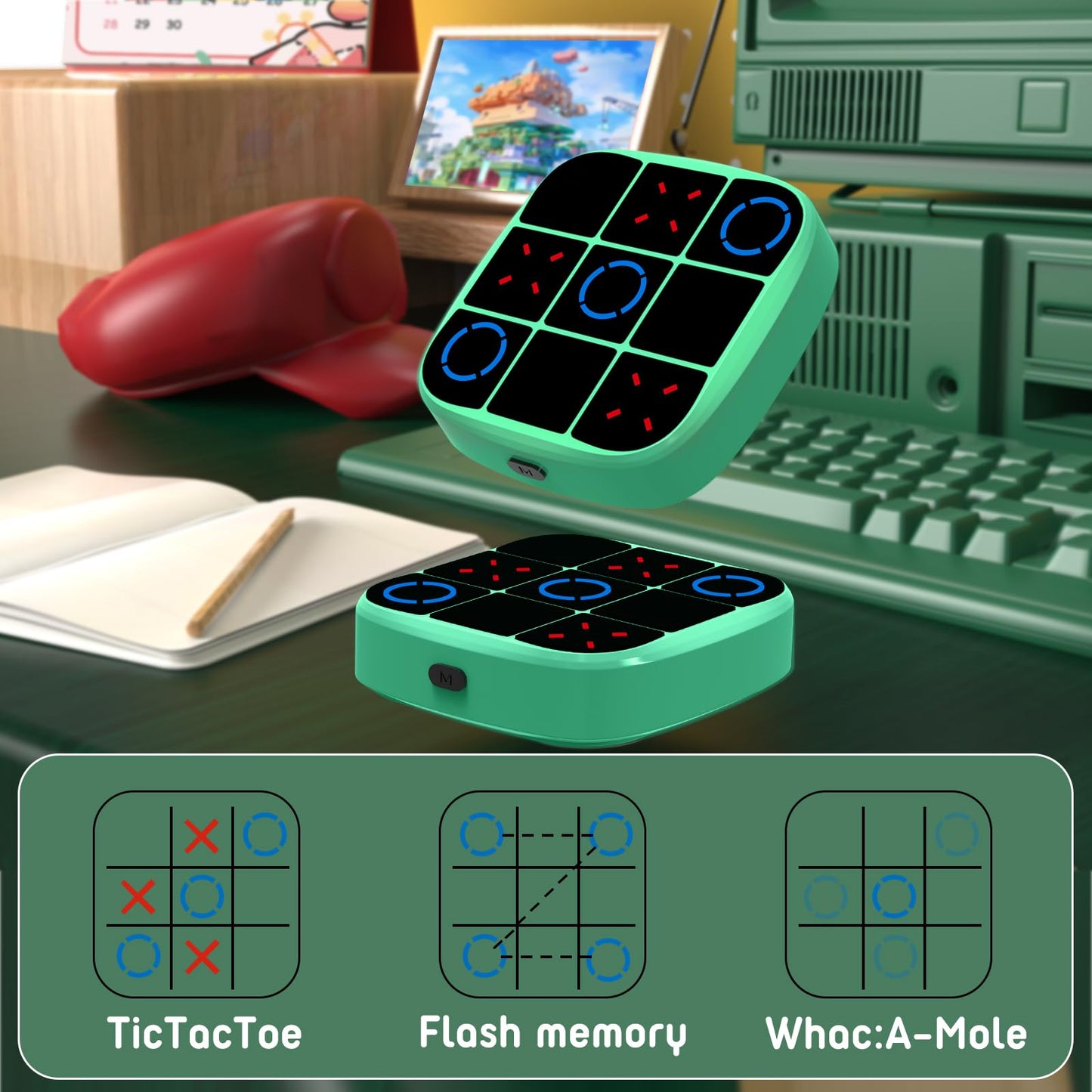 Tic-Tac-Toe Bolt Game, 4-in-1 Handheld Puzzle Games Console, Electronic Tic-Tac-Toe Game for Educational and Memory Growth, Portable Travel Games for