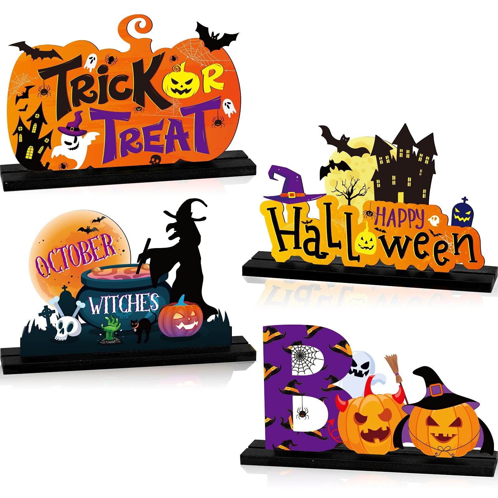 4 Pieces Halloween Party Decorations Wooden Treat or Trick Party Supplies Halloween Centerpieces Boo Table Decorations for Home Holiday