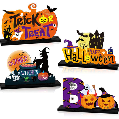 4 Pieces Halloween Party Decorations Wooden Treat or Trick Party Supplies Halloween Centerpieces Boo Table Decorations for Home Holiday