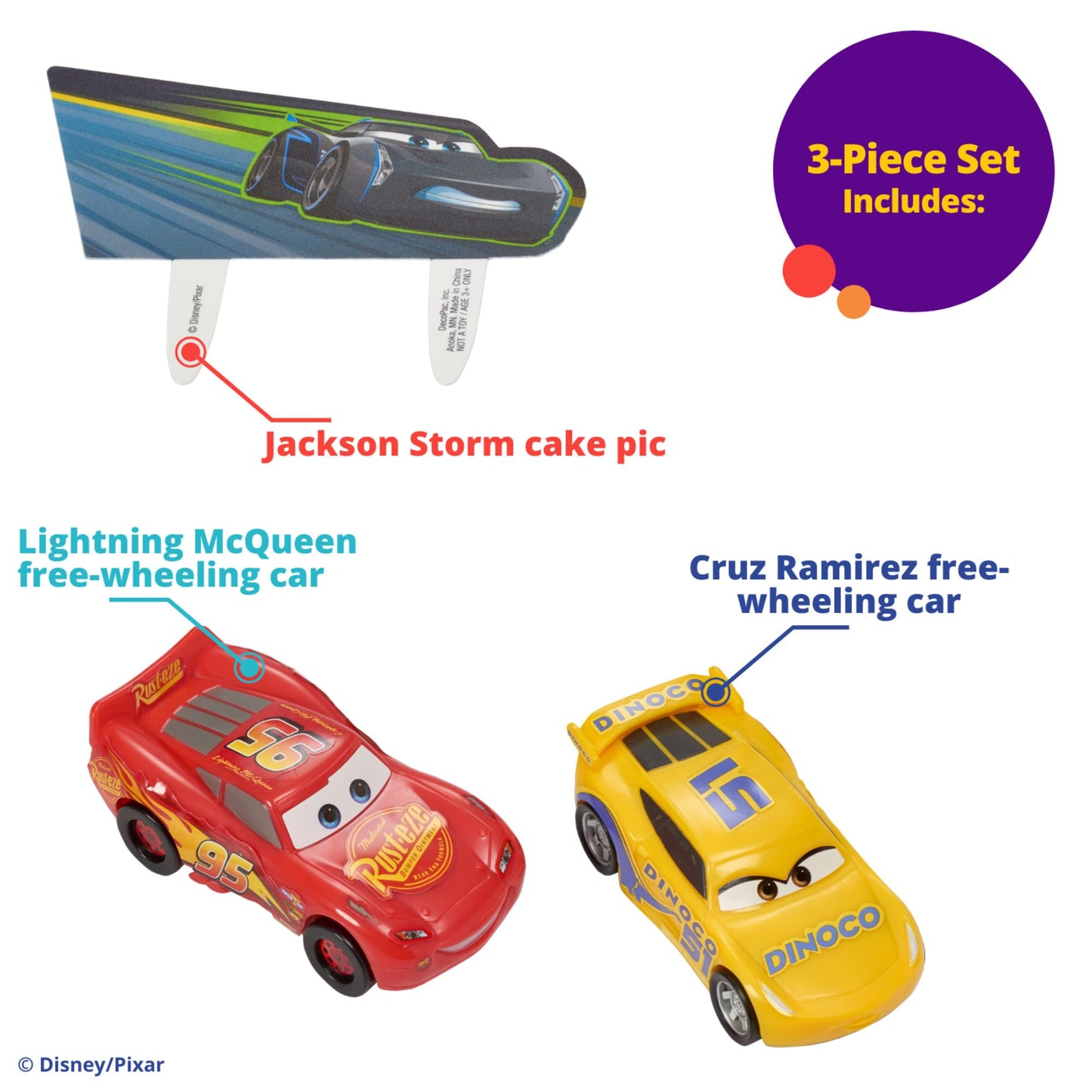 DecoSet® Disney and Pixar Cars 3 Ahead of The Curve Cake Topper, 3-Piece Set featuring Lightning McQueen, Cruz Ramirez, and Jackson Storm