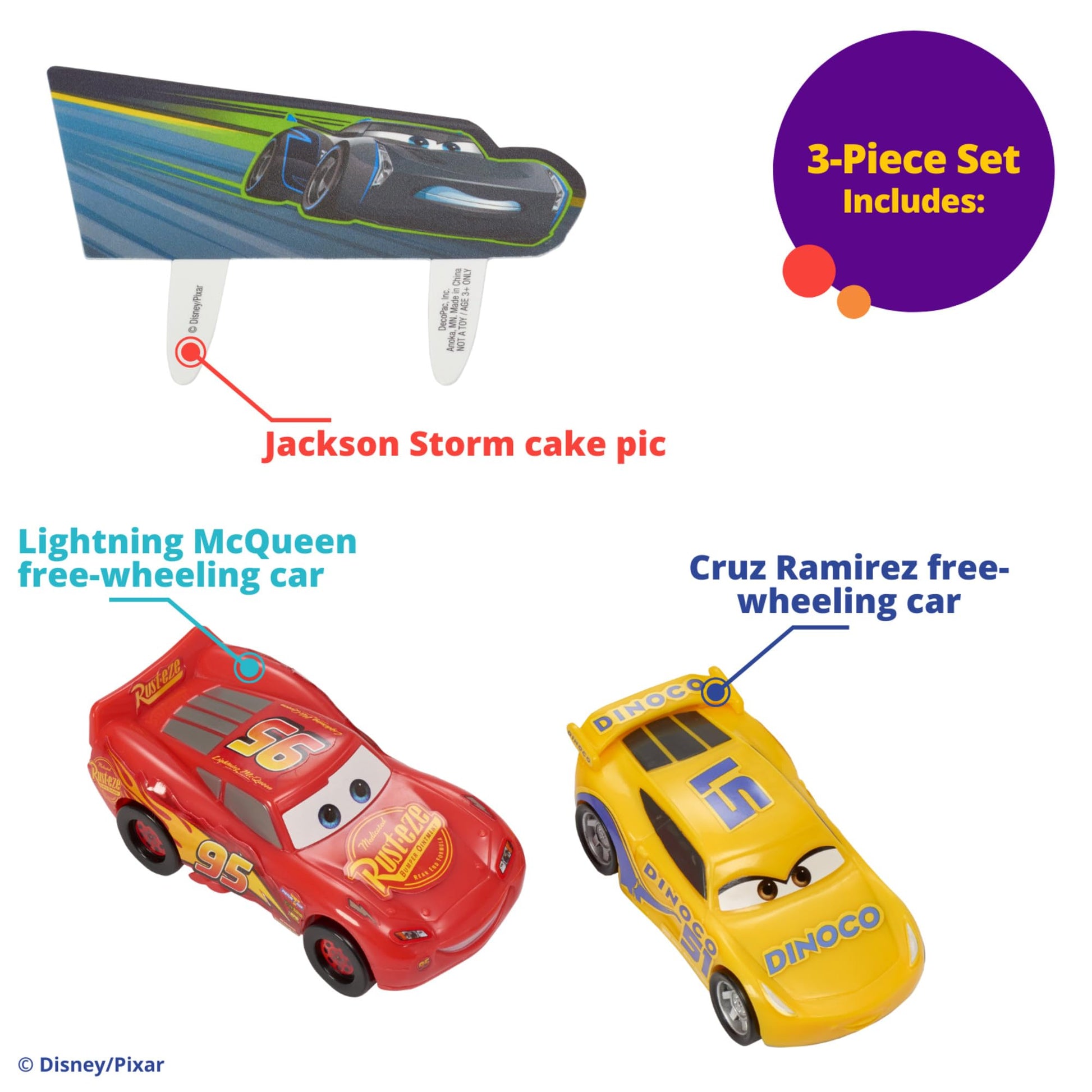 DecoSet® Disney and Pixar Cars 3 Ahead of The Curve Cake Topper, 3-Piece Set featuring Lightning McQueen, Cruz Ramirez, and Jackson Storm