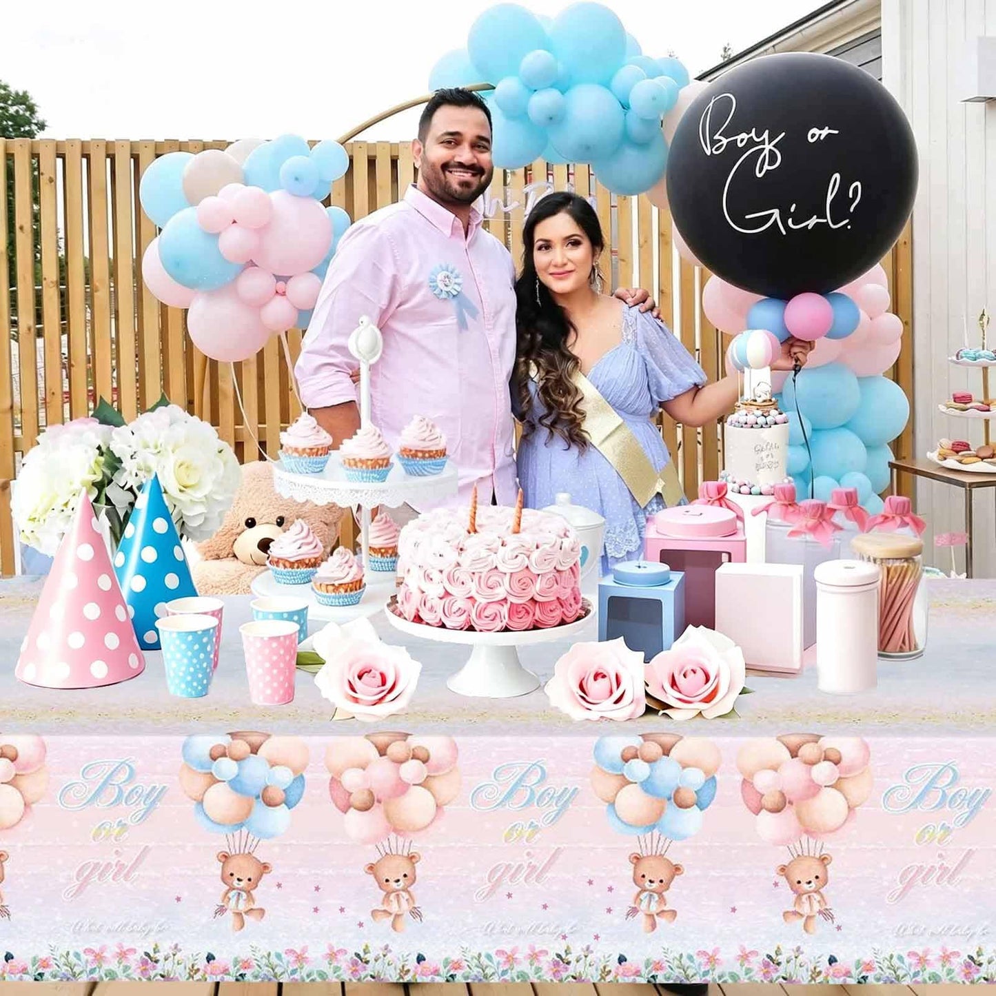 Shalve 2pcs Gender Reveal Tablecloth 137×274 cm Teddy Bear Pattern Table Cover, Boy or Girl Gender Reveal Party Supplies for Baby Shower, Birthday