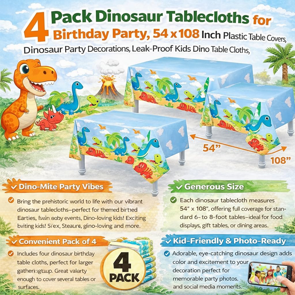 Oojami 4 Pack Dinosaur Tablecloths for Birthday Party, 54 x 108 Inch Plastic Table Covers, Dinosaur Party Decorations, Leak-Proof Kids Dino Table