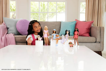 Barbie Twinning Looks Doll with Pet Dog in Matching Red Striped Clothes and Accessories for Both Like Sunglasses and Headbands, Wavy Black Hair