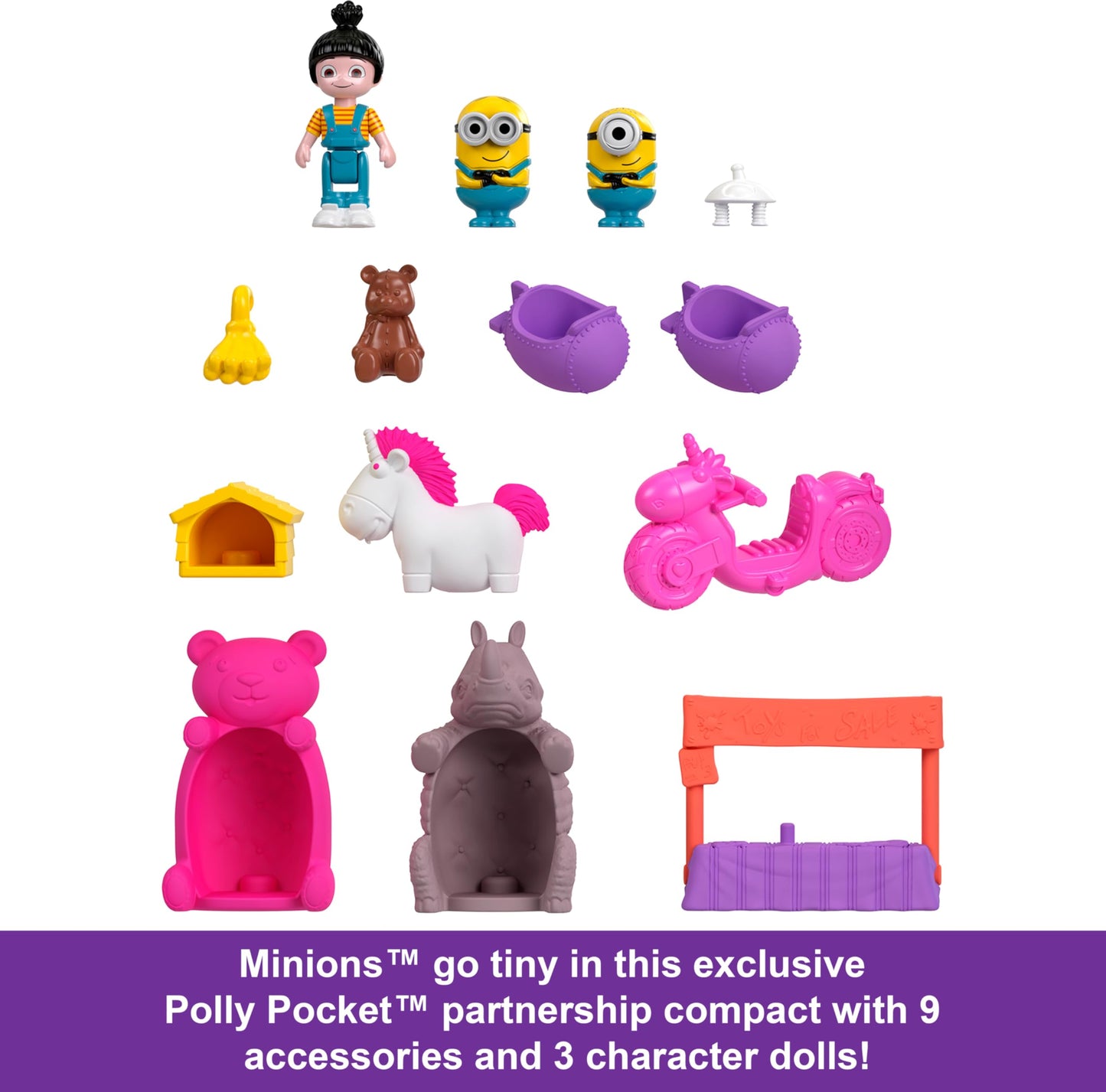 Polly Pocket & Minions Playset with 1 Doll, 2 Minions Figures & Fluffy the Unicorn Toy, Collectible Compact with 9 Accessories