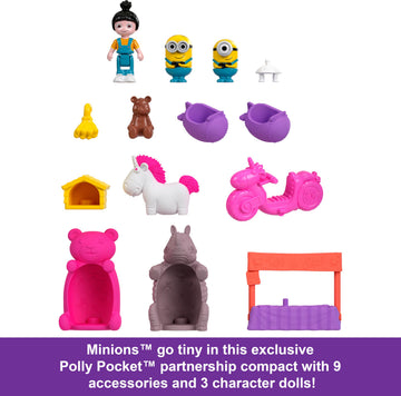 Polly Pocket & Minions Playset with 1 Doll, 2 Minions Figures & Fluffy the Unicorn Toy, Collectible Compact with 9 Accessories