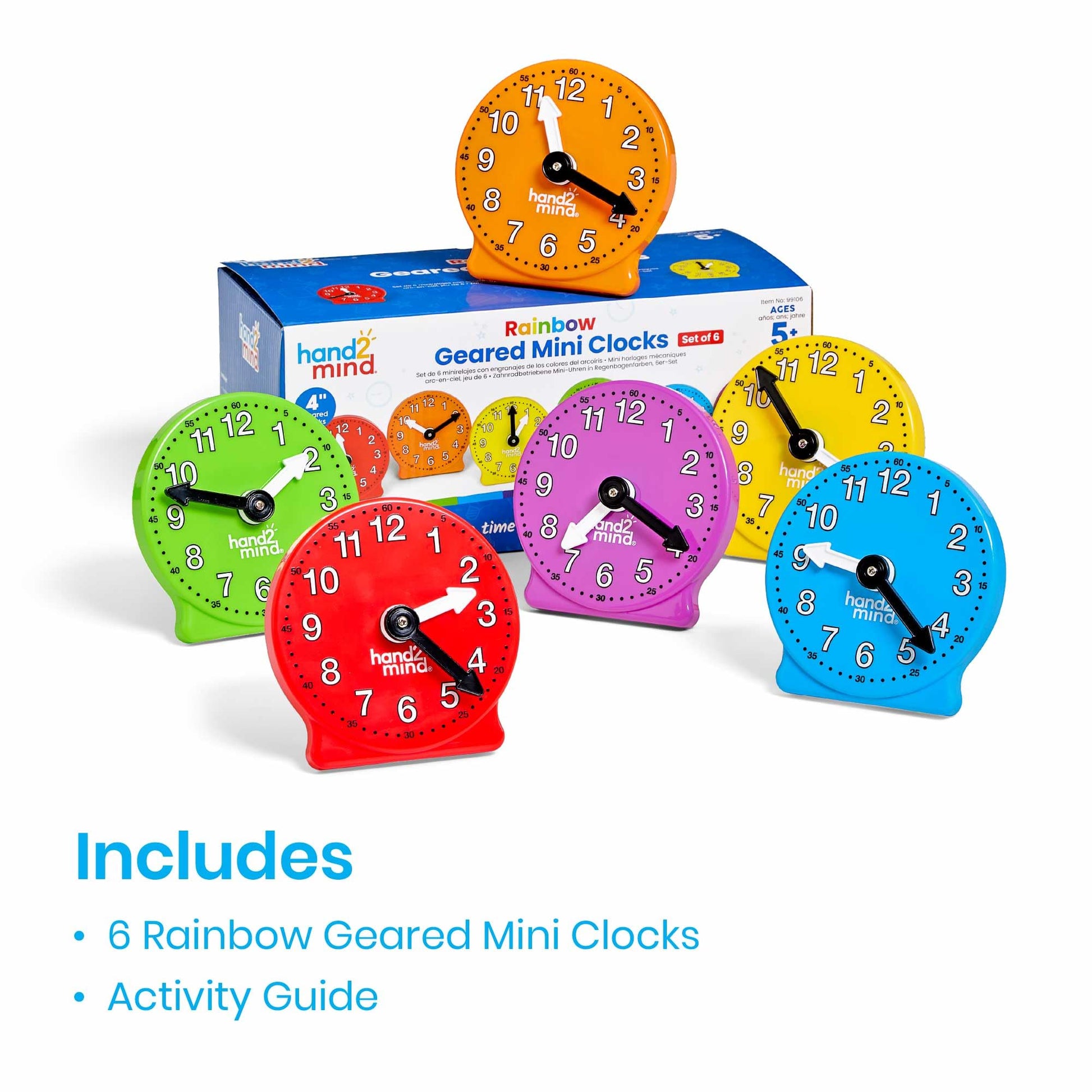hand2mind Rainbow Geared Mini Learning Clock Set of 6, Analog Teaching Clocks for Kids, Movable Hands, Telling Time Math Manipulatives, Classroom