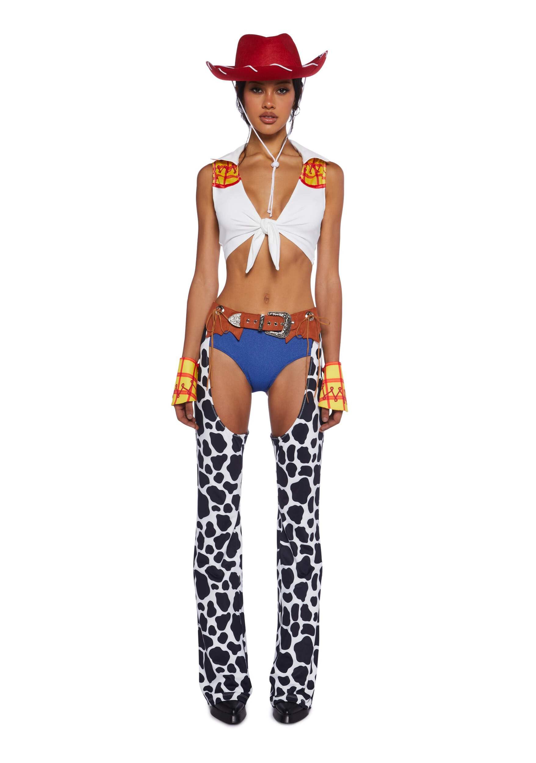Dolls Kill Round ‘Em Up Cowgirl Doll Costume Set by Trickz N’ Treatz - Women’s Plaid Top with Cow Print Chaps, Hat & Belt, Multi, X-Small