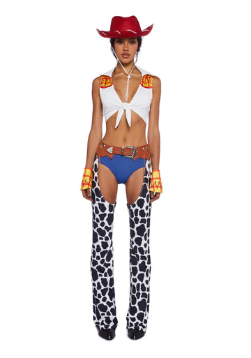 Dolls Kill Round ‘Em Up Cowgirl Doll Costume Set by Trickz N’ Treatz - Women’s Plaid Top with Cow Print Chaps, Hat & Belt, Multi, X-Small