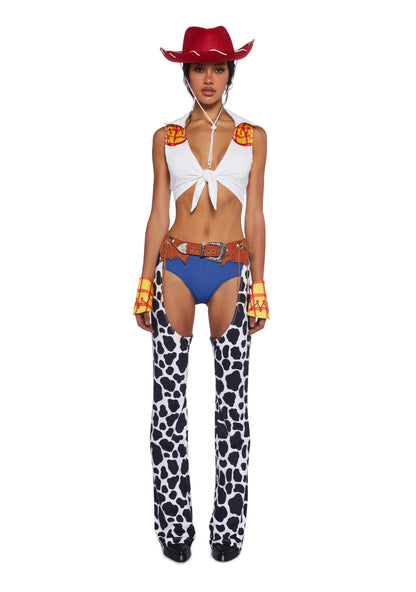 Dolls Kill Round ‘Em Up Cowgirl Doll Costume Set by Trickz N’ Treatz - Women’s Plaid Top with Cow Print Chaps, Hat & Belt, Multi, X-Small