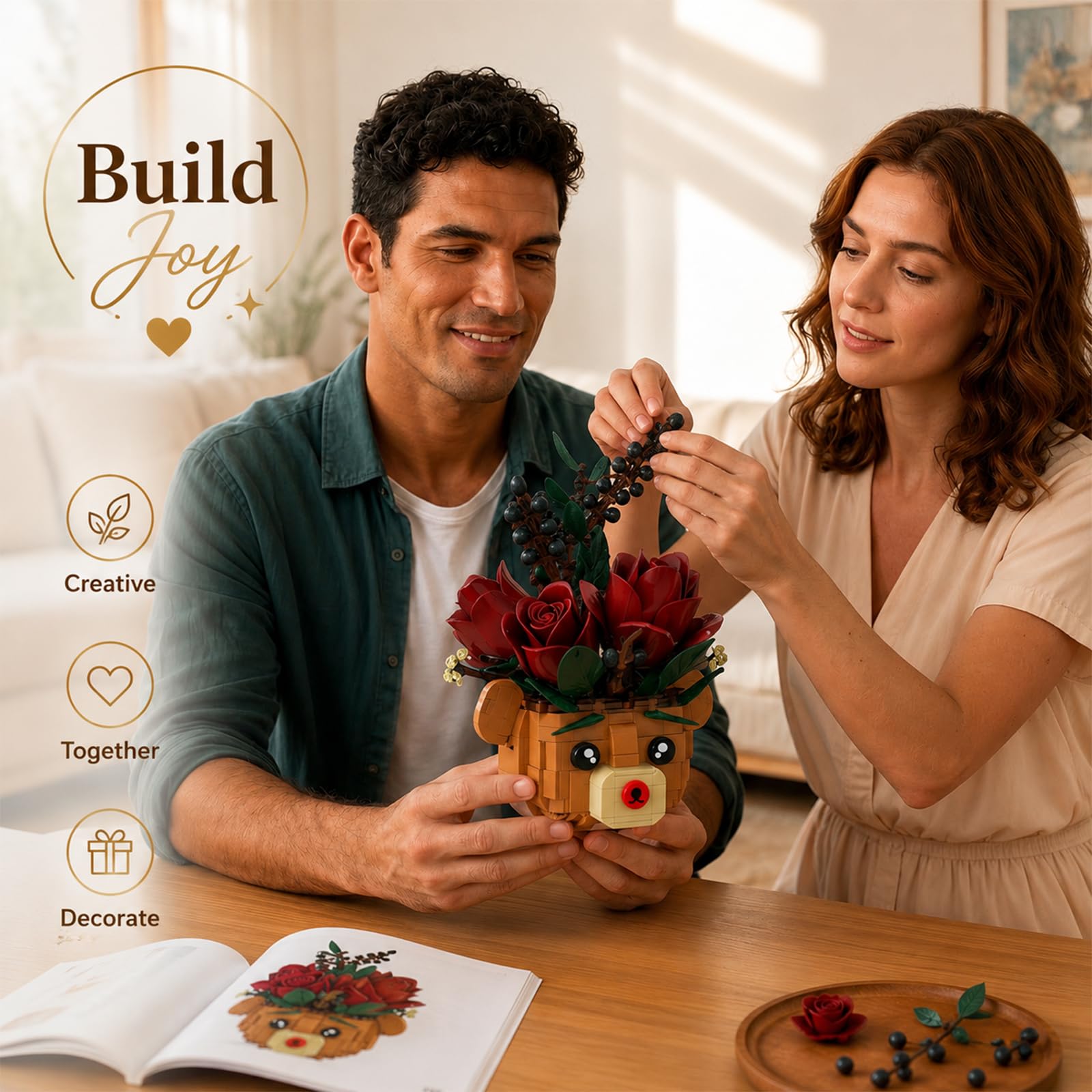 Rose Flower Bouquet Building Set with Bear Pot, Artificial Botanical Building Blocks Kit Compatible with Lego, Home Office Table Decoration, Romantic