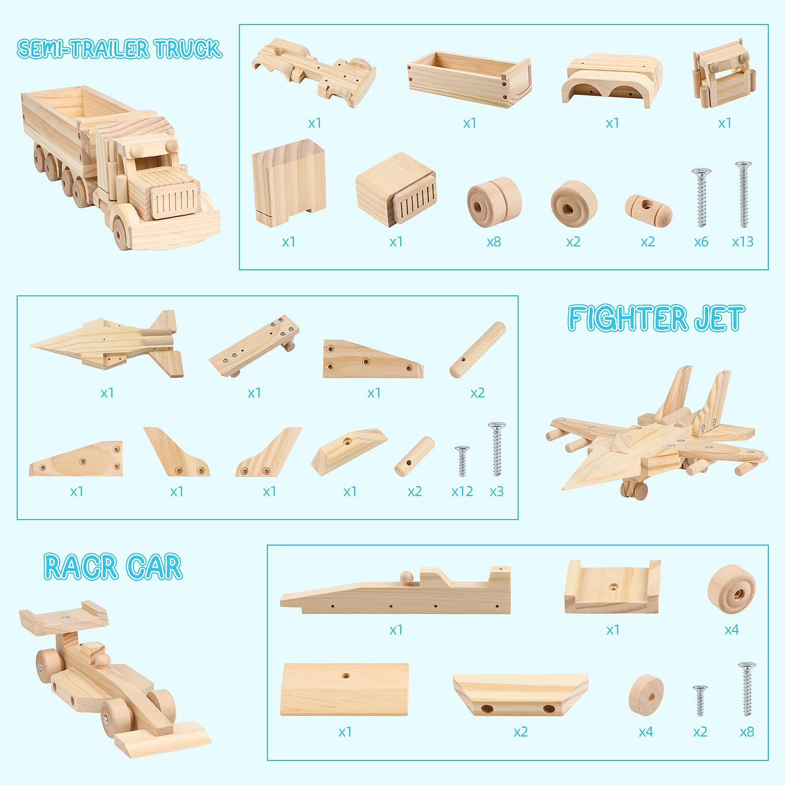 VOMOCNET 3 Pack DIY Wooden Model Building Kit, Includes Fighter Jet, Truck, Race Car, Paint Your Own Arts and Crafts, STEM Toys Birthday Gifts