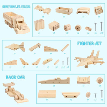 VOMOCNET 3 Pack DIY Wooden Model Building Kit, Includes Fighter Jet, Truck, Race Car, Paint Your Own Arts and Crafts, STEM Toys Birthday Gifts
