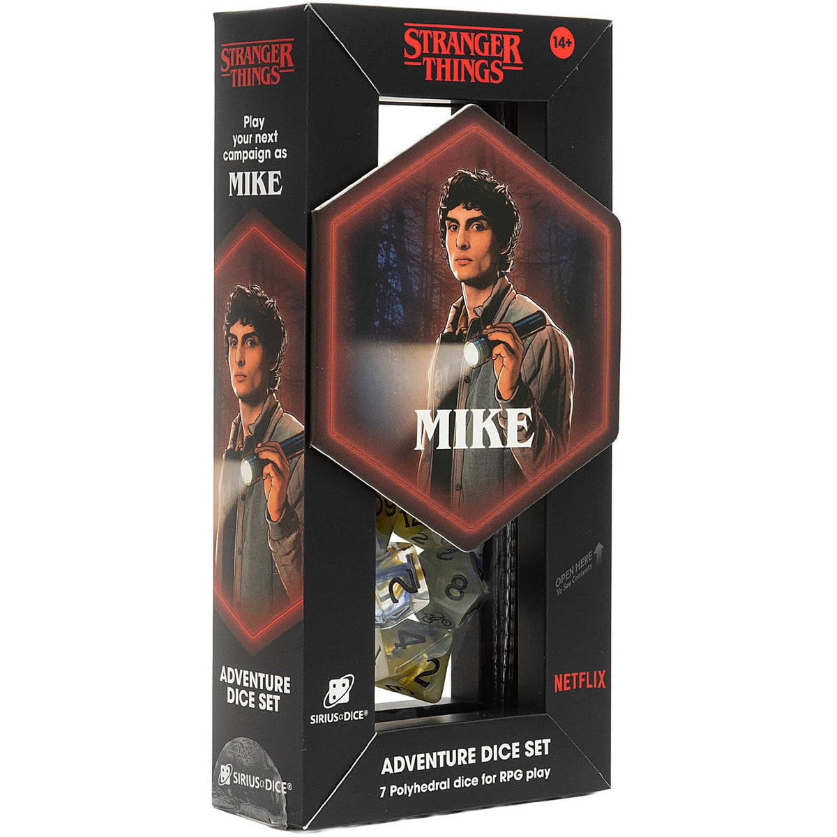 Stranger Things: Adventure Dice - Mike - 7pc RPG Set, Yellow Blue Swirl, Black Icons, Paladin Class, Collectible Roleplaying Game Accessory, Licensed