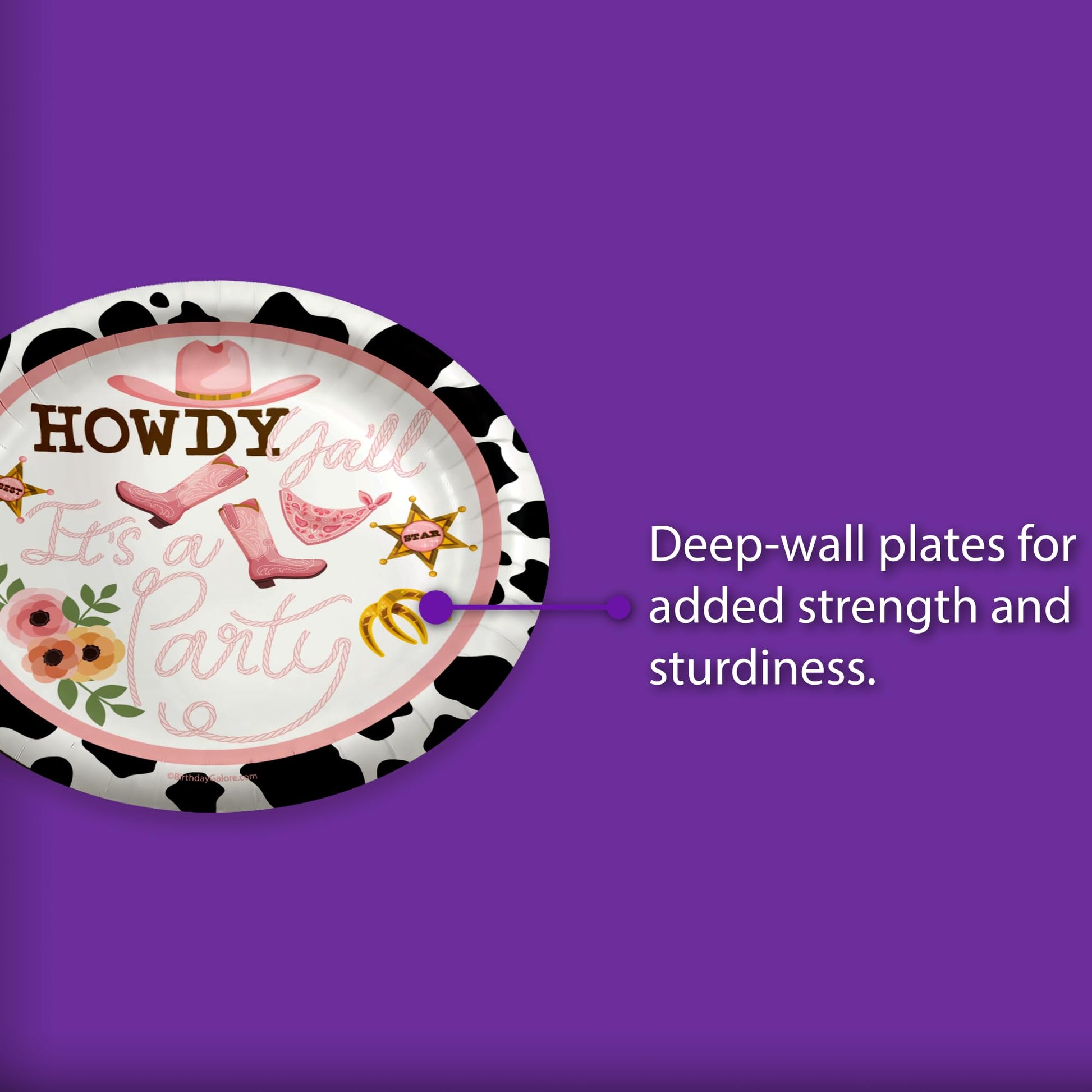 Birthday Galore Howdy Y’all Cowgirl Plates - 32 Pieces, 9" Round Disposable Tableware with Western Design Theme - Fun and Bright Colorful Tableware