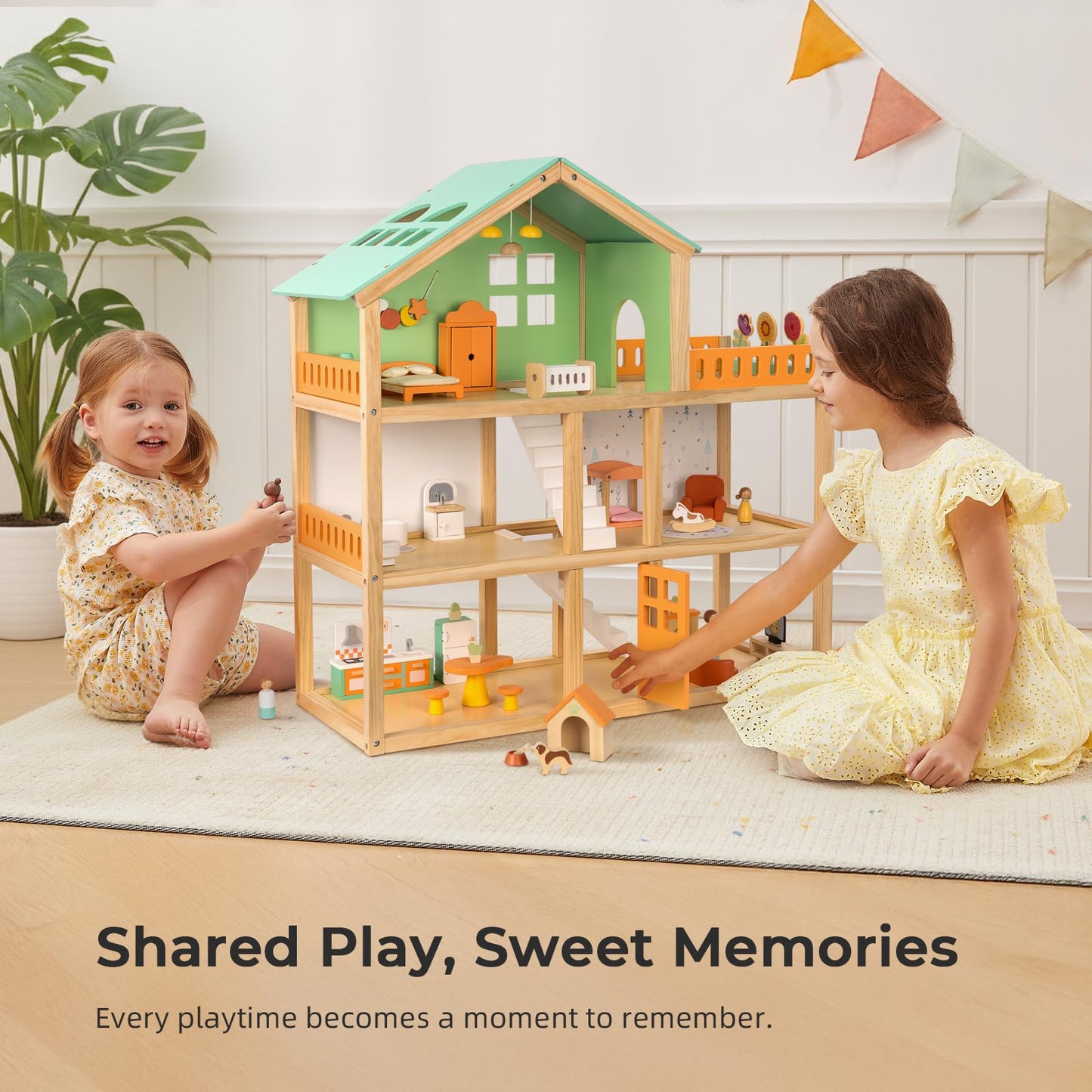 OOOK Large Wooden Dollhouse with 42 Pcs Luxurious Furniture Accessories, 3-Story Doll House 6 Rooms Balcony Wooden Stairs, Ideal Modern Doll House