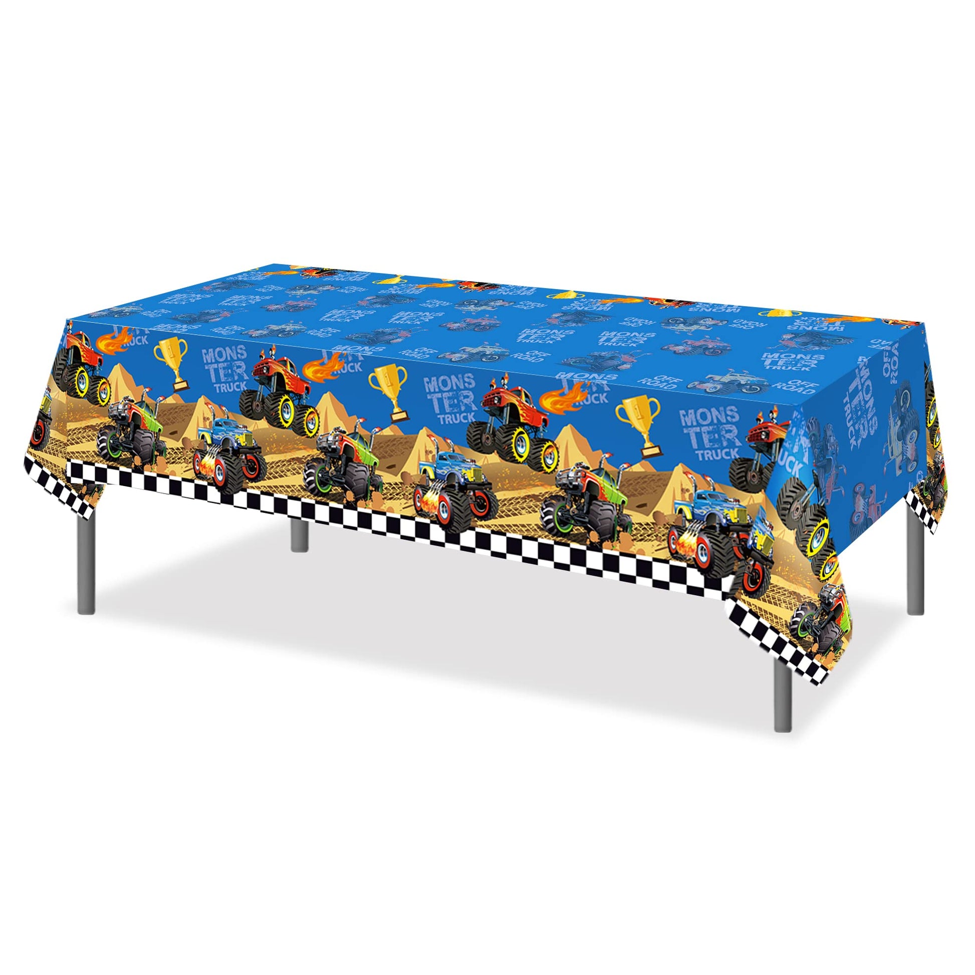 Partystadl 2 Pcs Monster Truck Party Tablecloth, Disposable Plastic Blue Rectangular Table Cloth Race Car Table Cover for Kids Monster Truck Themed