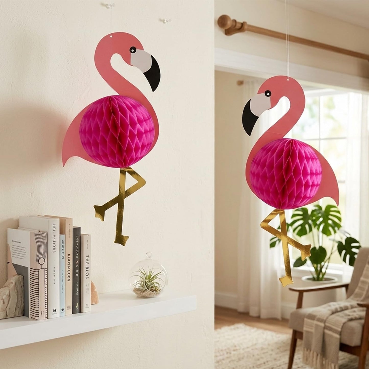 2Pcs Flamingo Honeycomb Hanging Decorations 21" Deal for Girls Luau Birthday Hawaiian Present Popular Party Supplies Banner Gift Pink