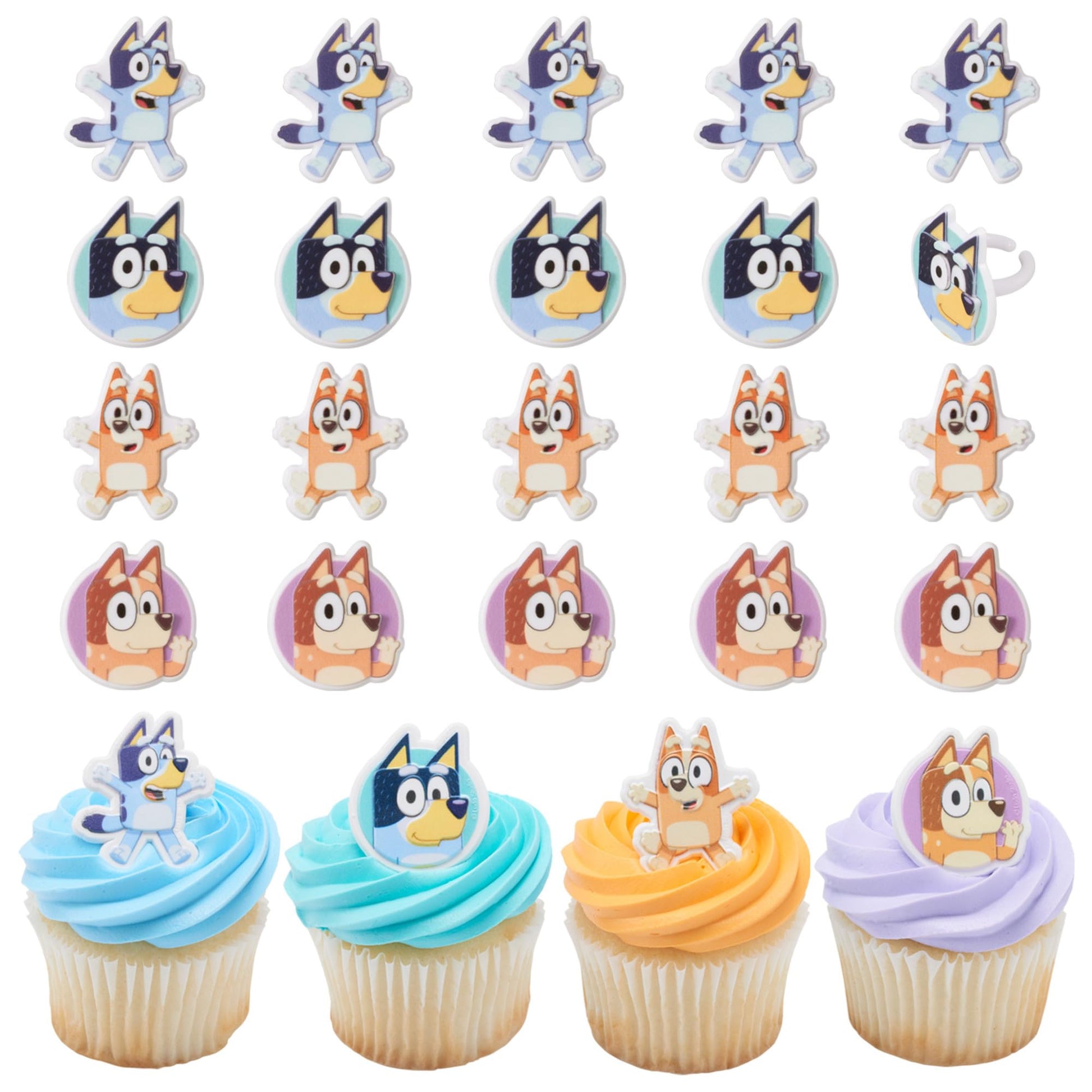DecoPac Bluey So Much Fun Rings, 24 Cupcake Decorations Featuring Bluey, Bingo, Bandit, and Chilli, 3D Food Safe Cake Toppers - 24 Pack