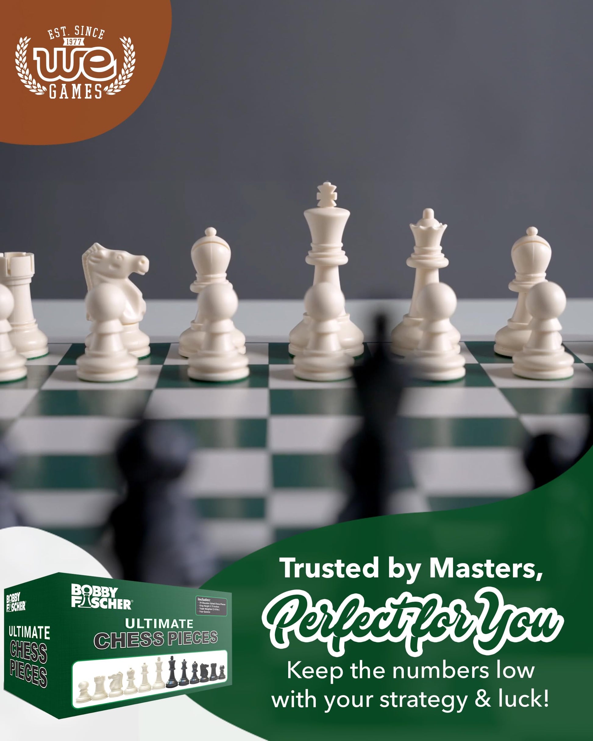 WE Games Bobby Fischer Ultimate Chess Pieces Set, Staunton Plastic Tournament Chess Set - Extra Queens, Triple Weighted