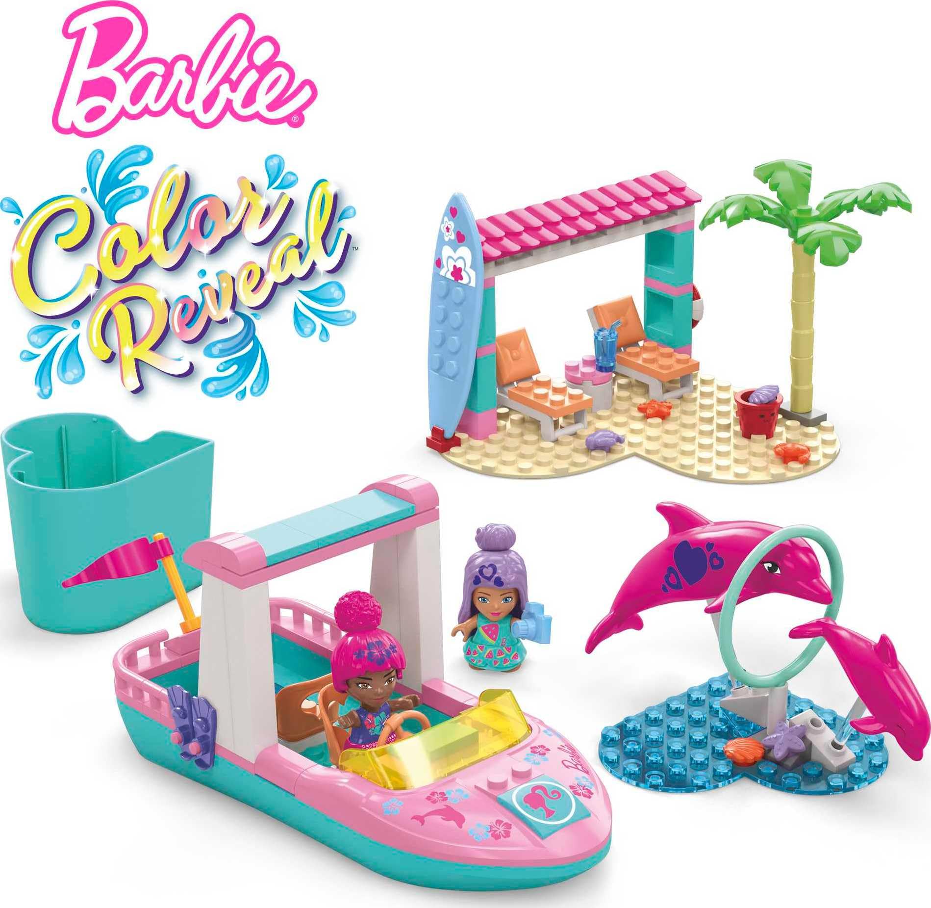 MEGA Barbie Color Reveal Dolphin Exploration Toy Building Set with 10+ Surprises, 2 Micro-Dolls and 2 Dolphins, Toy Gift Set for Girls and Boys, Ages
