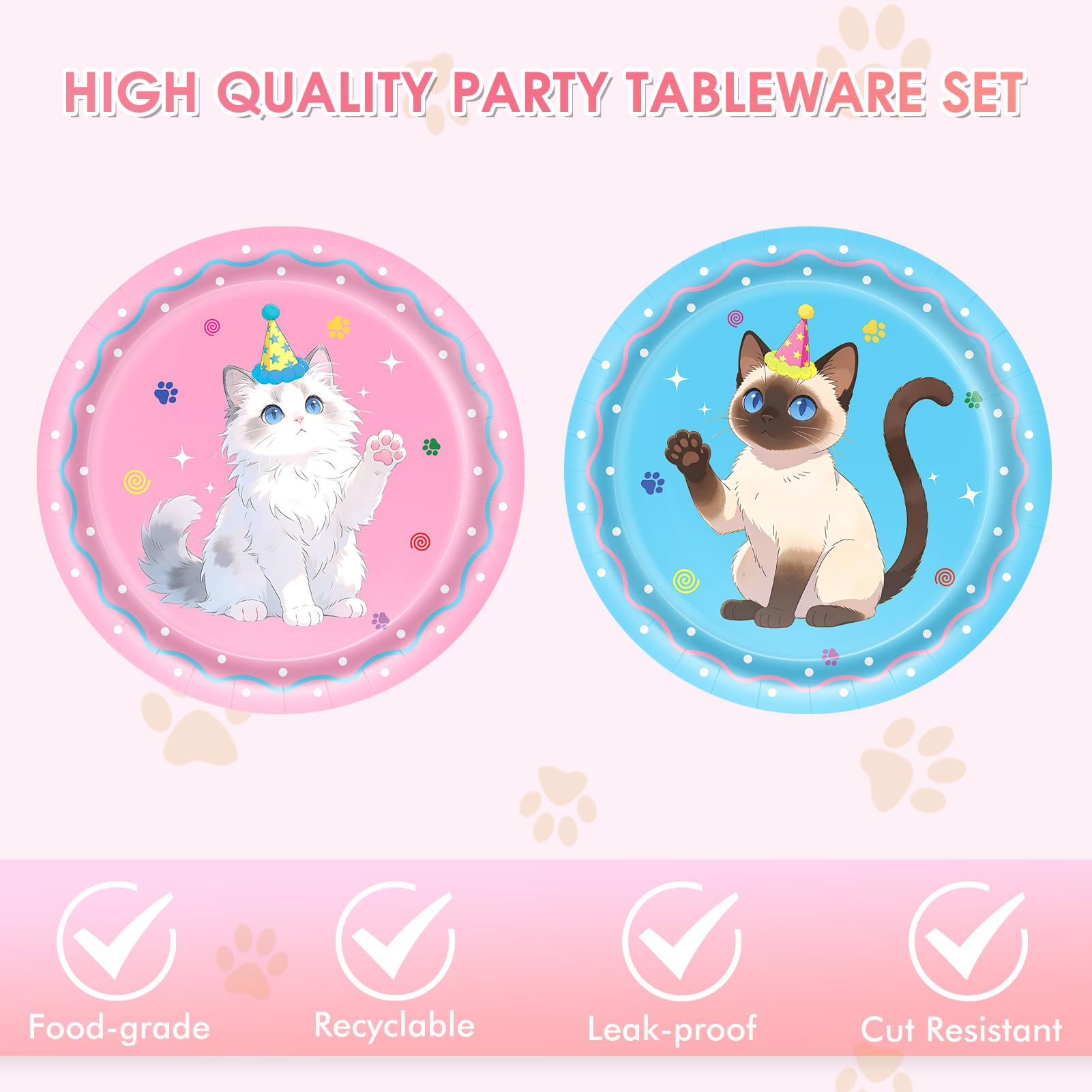 Funnio lucu 40Pcs Cat Birthday Decorations Tableware Set,Cute Kitten Theme Party Supplies Birthday Plates and Napkins Disposable Table Decor for Baby