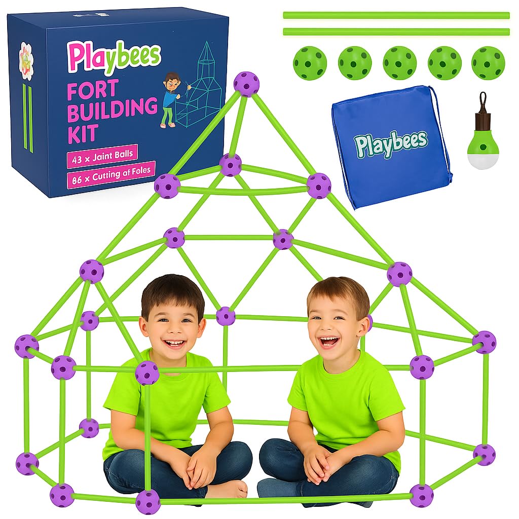 Playbees Fort Building Kit - 140 PCS STEM Toy for Kids Ages 4-12 - Build Tents, Castles & Rockets - Includes Rods, Connectors, 2 Blankets & Flashlight